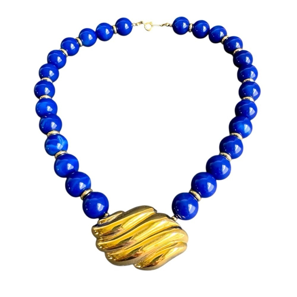 Vintage Blue Beaded Collar Necklace Chunky Gold Pendant‎ 80s 90s Maximalist 18"